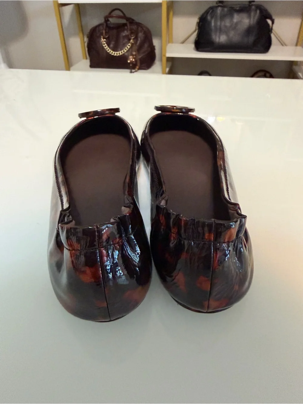 Tory Burch Tortoiseshell Patent Reva Ballet Flats - Brown/Black/Amber Sz 8.5